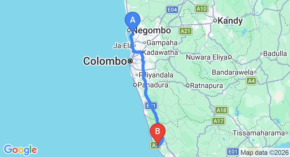 Driving route map: Colombo Airport (CMB) to Villa Green Shadow, Hikkaduwa (135 km, approx 2 h 8 min private transfer)