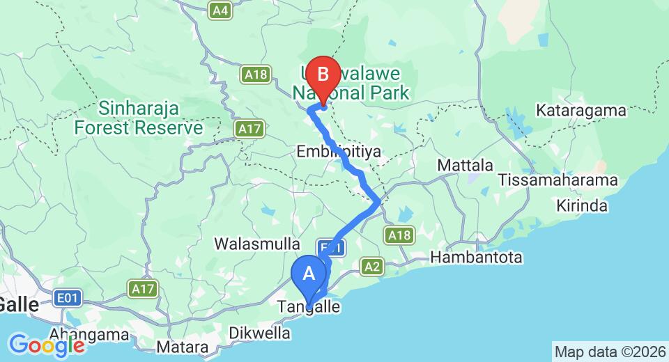 Driving route map: Tangalle to Udawalawe (61 km, approx 1 h 19 min private transfer)