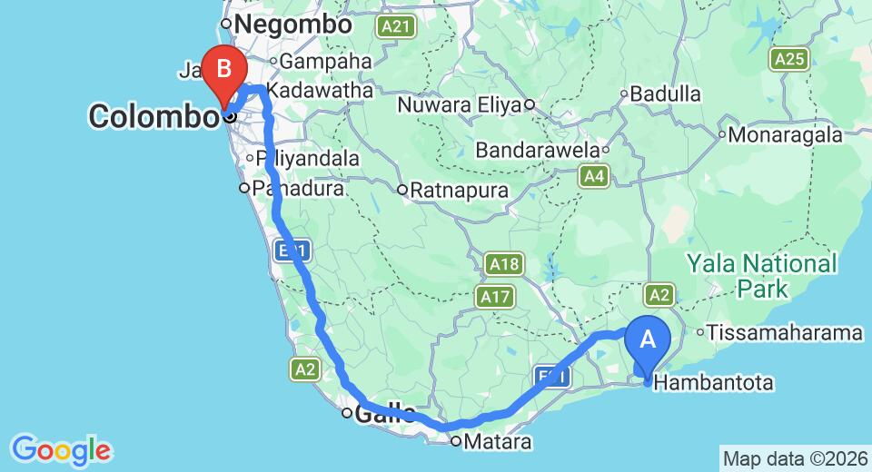 Driving route map: Hambantota to Colombo Seaport (262 km, approx 3 h 23 min private transfer)