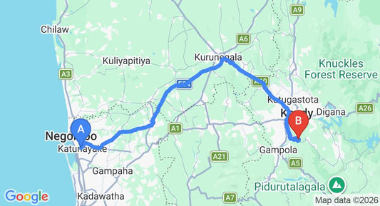 Driving route map: Colombo Airport (CMB) to Club Lespri, Kandy (128 km, approx 3 h 23 min private transfer)