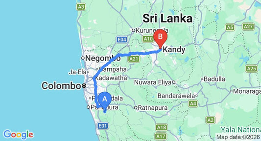 Driving route map: Yala to Kandy (147 km, approx 3 h 53 min private transfer)