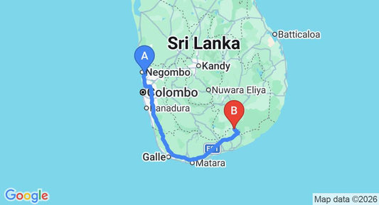 Driving route map: Colombo Airport (CMB) to Tranquil Wild, Yala (272 km, approx 3 h 31 min private transfer)