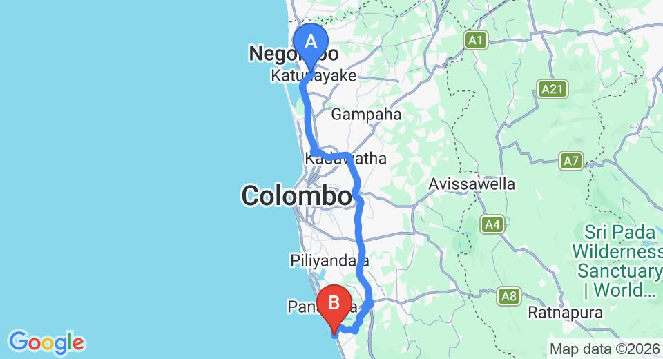 Driving route map: Colombo Airport (CMB) to Serendiva Beach, Wadduwa (79 km, approx 1 h 25 min private transfer)