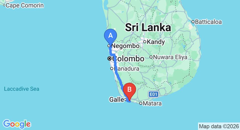 Driving route map: Colombo Airport (CMB) to KK Beach, Galle (159 km, approx 2 h 17 min private transfer)