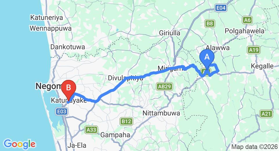 Driving route map: Ambepussa to Colombo Airport (CMB) (55 km, approx 1 h 36 min private transfer)