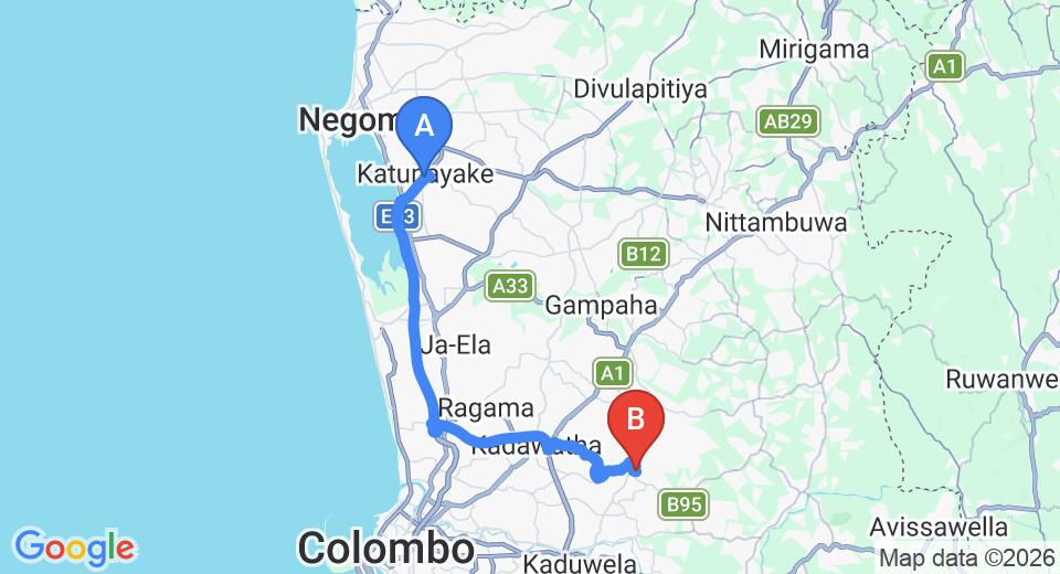 Driving route map: Colombo Airport (CMB) to Delgoda (39 km, approx 50 min private transfer)