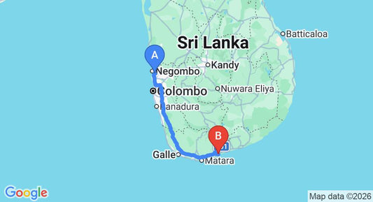 Driving route map: Colombo Airport (CMB) to Calluna Hotel, Tangalle (209 km, approx 2 h 47 min private transfer)