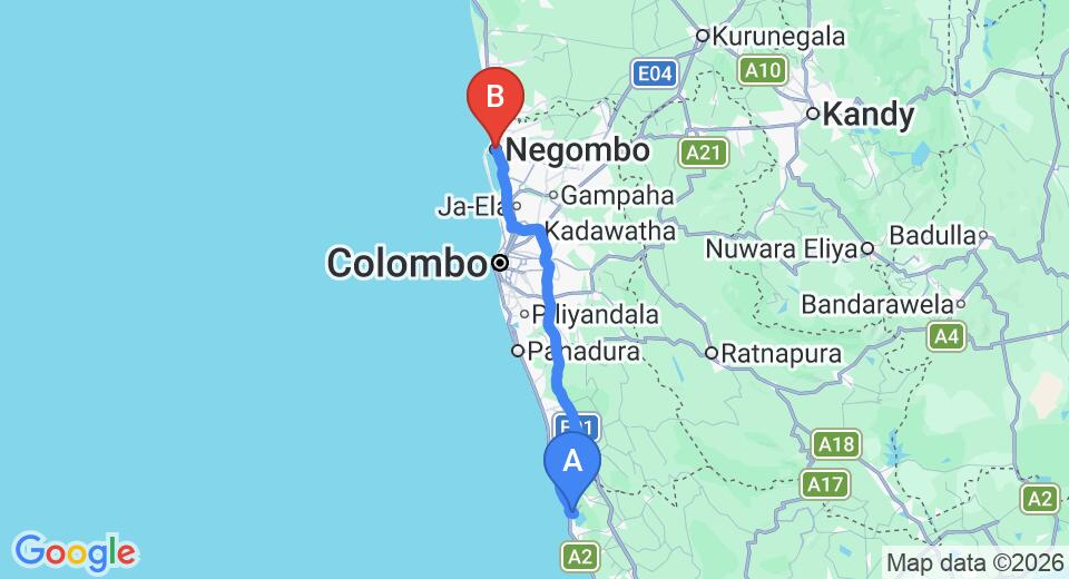 Driving route map: Ahungalla to Negombo (124 km, approx 2 h 5 min private transfer)