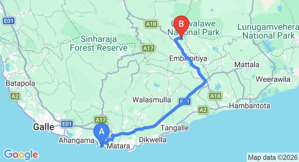 Driving route map: Mirissa to Udawalawe (98 km, approx 1 h 52 min private transfer)