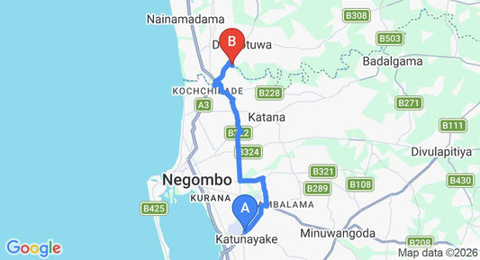 Driving route map: Colombo Airport (CMB) to Mahaoya Green Resort, Negombo (18 km, approx 39 min private transfer)