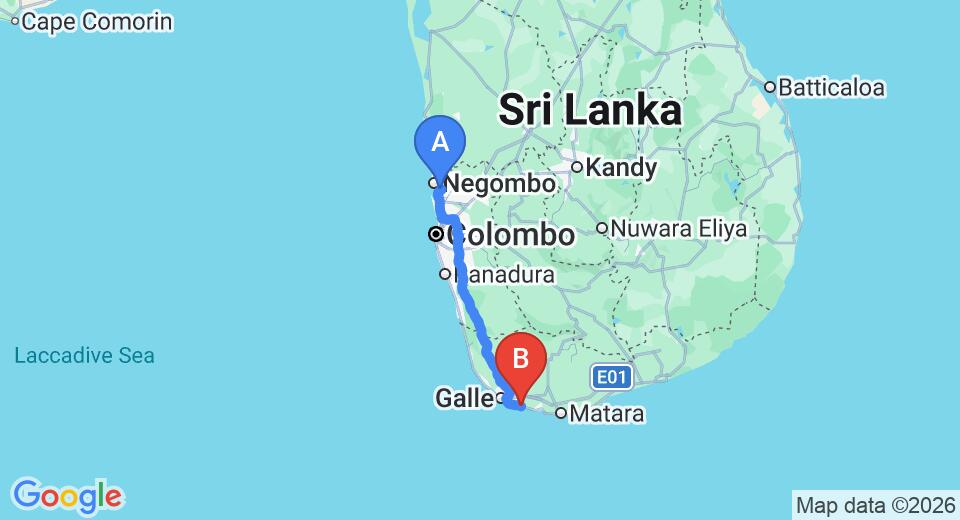 Driving route map: Colombo Airport (CMB) to The Beach Cabanas Retreat and Spa, Koggala (161 km, approx 2 h 21 min private transfer)