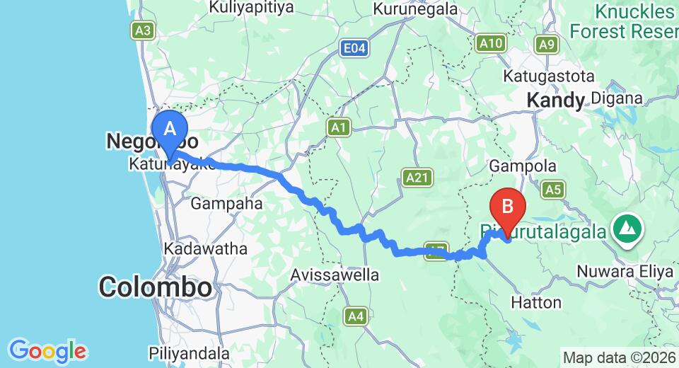 Driving route map: Colombo Airport (CMB) to Inguru oya (110 km, approx 3 h 25 min private transfer)