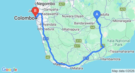 Driving route map: Ella to Colombo Seaport (330 km, approx 4 h 52 min private transfer)