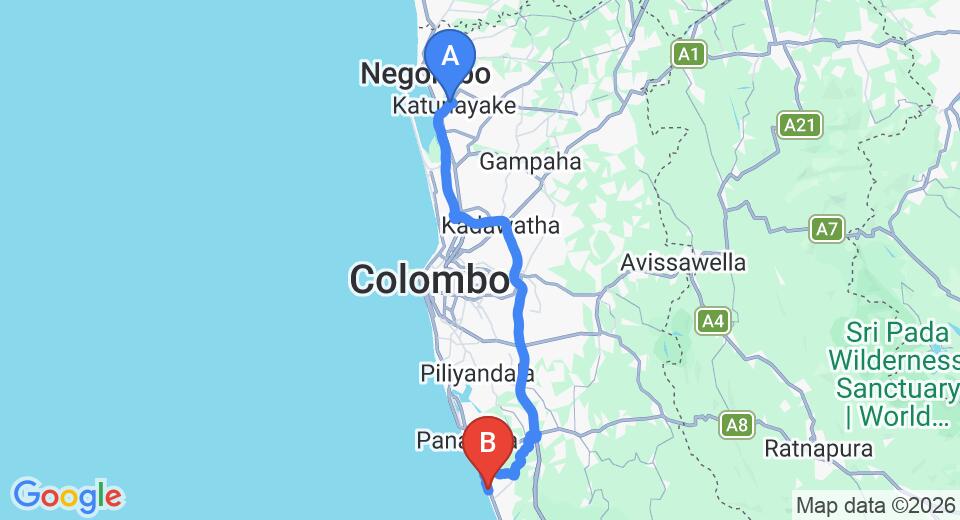 Driving route map: Colombo Airport (CMB) to Sethrawan Ayurvedic Resort, Wadduwa (81 km, approx 1 h 28 min private transfer)