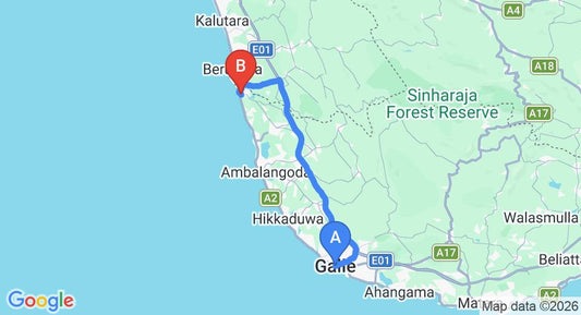 Driving route map: Galle to Bentota (70 km, approx 1 h 14 min private transfer)