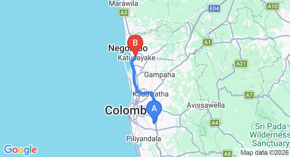 Driving route map: Hokandara to Colombo Airport (CMB) (44 km, approx 40 min private transfer)