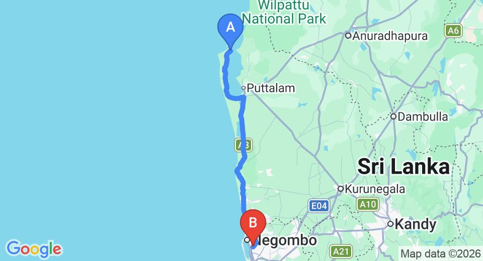 Driving route map: Kalpitiya to Colombo Airport (CMB) (139 km, approx 3 h 16 min private transfer)