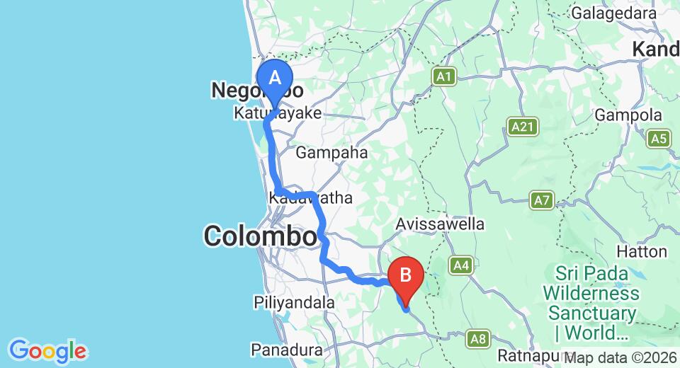 Driving route map: Colombo Airport (CMB) to Handapangoda (68 km, approx 1 h 27 min private transfer)