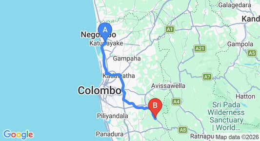 Driving route map: Colombo Airport (CMB) to Handapangoda (68 km, approx 1 h 27 min private transfer)