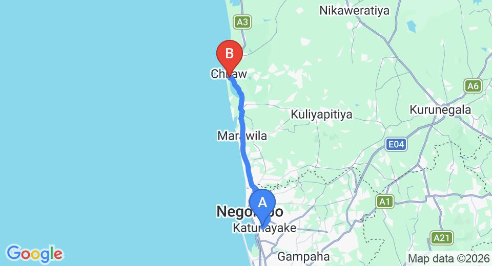 Driving route map: Colombo Airport (CMB) to Chilaw Far Inn Village, Chilaw (52 km, approx 1 h 28 min private transfer)