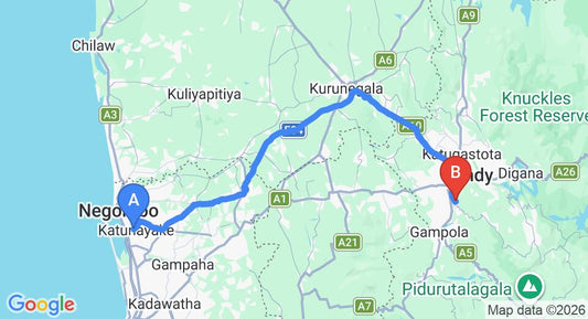 Driving route map: Colombo Airport (CMB) to Mowbrey House, Kandy (118 km, approx 2 h 59 min private transfer)