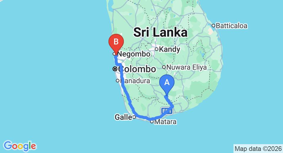 Driving route map: Udawalawe to Colombo Airport (CMB) (258 km, approx 3 h 34 min private transfer)