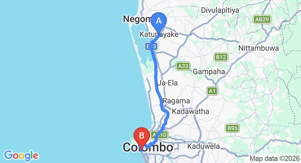 Driving route map: Colombo Airport (CMB) to Residence by Uga Escape, Colombo (36 km, approx 48 min private transfer)