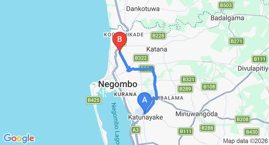 Driving route map: Colombo Airport (CMB) to Tranquil Negombo Boutique, Negombo (14 km, approx 31 min private transfer)