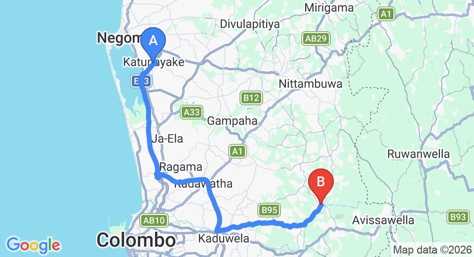Driving route map: Colombo Airport (CMB) to Pugoda (56 km, approx 1 h 11 min private transfer)
