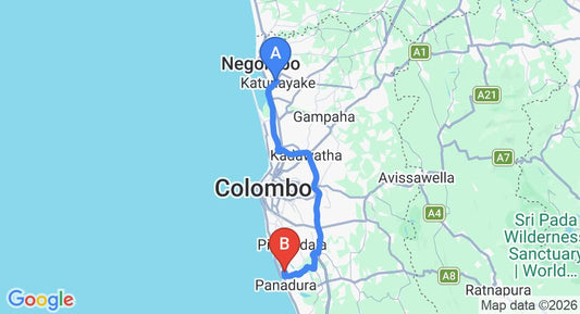 Driving route map: Colombo Airport (CMB) to Ankinda Luxurious Villa, Panadura (71 km, approx 1 h 22 min private transfer)
