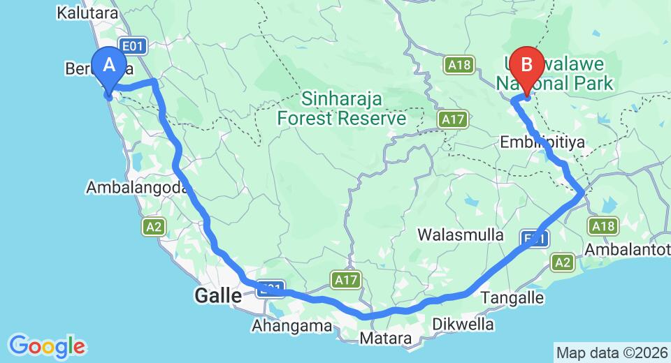 Driving route map: Bentota to Udawalawe (178 km, approx 2 h 42 min private transfer)