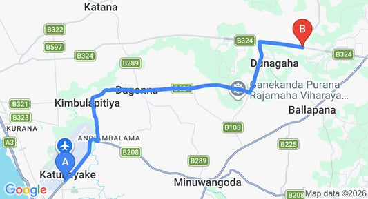 Driving route map: Colombo Airport (CMB) to Marandagahamula (18 km, approx 32 min private transfer)