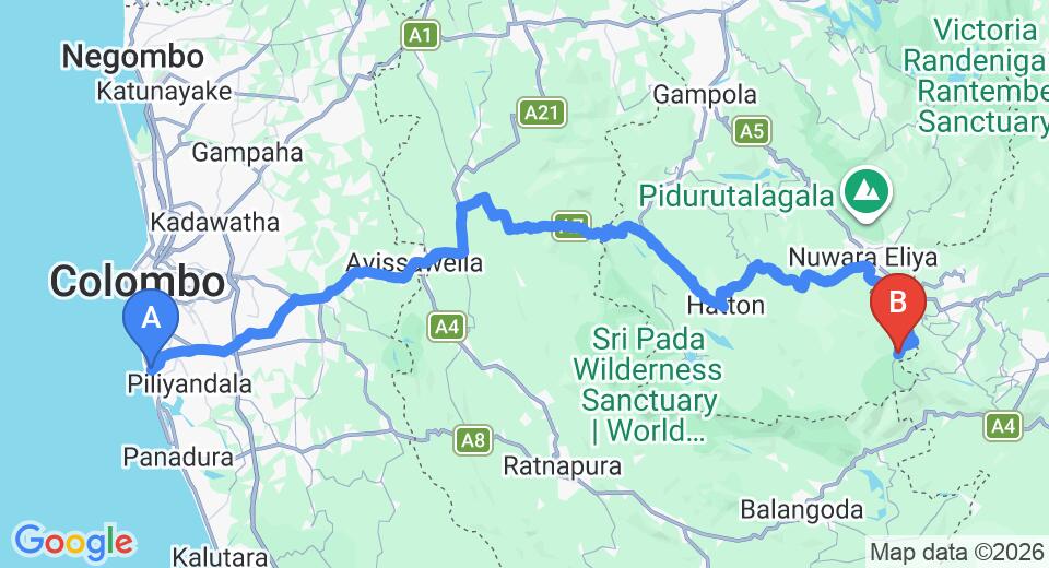 Driving route map: Ratmalana (RML) Airport to Horton Plains (179 km, approx 5 h 53 min private transfer)