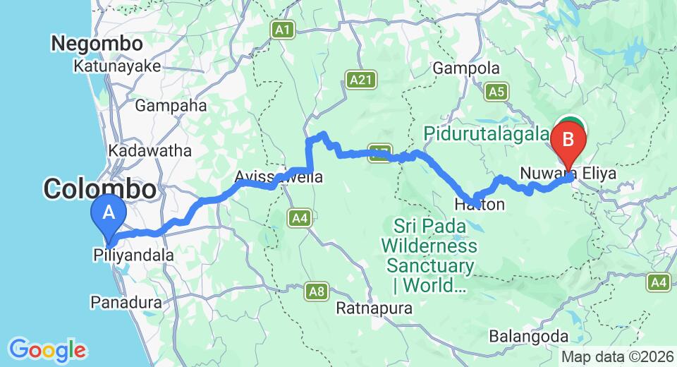 Driving route map: Ratmalana (RML) Airport to Nuwara Eliya (158 km, approx 5 h 2 min private transfer)