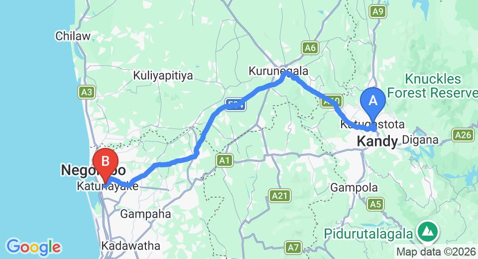 Driving route map: Katugastota to Colombo Airport (CMB) (111 km, approx 2 h 38 min private transfer)