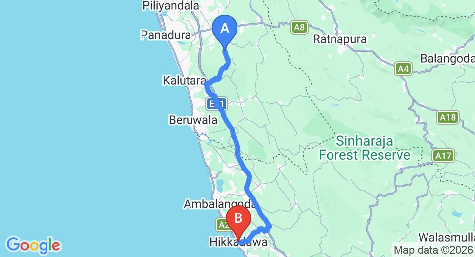 Driving route map: Yala to Hikkaduwa (79 km, approx 1 h 31 min private transfer)