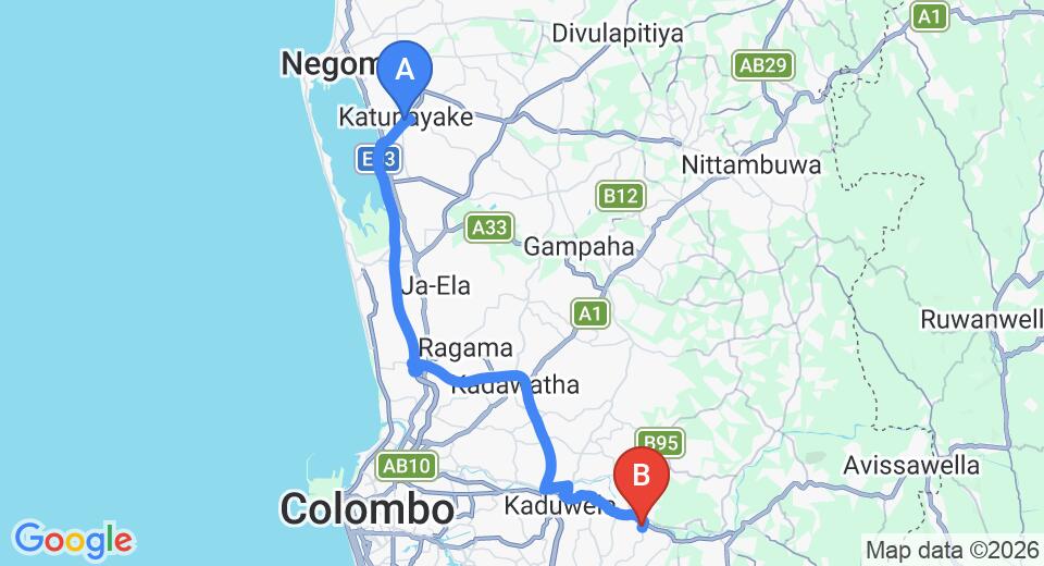Driving route map: Colombo Airport (CMB) to Ranala (46 km, approx 57 min private transfer)
