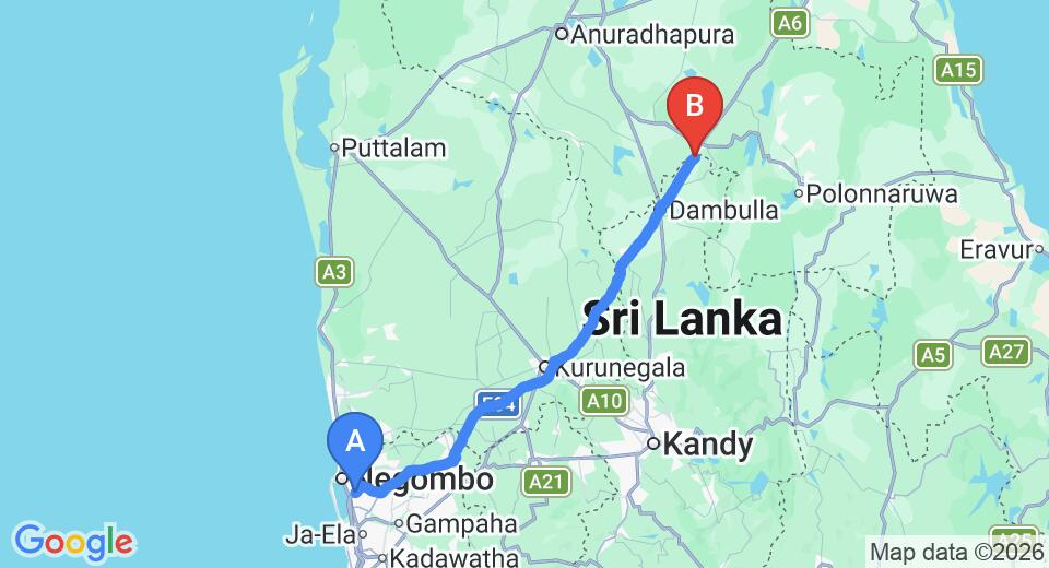 Driving route map: Colombo Airport (CMB) to Serendib Garden Resort, Habarana (147 km, approx 3 h 8 min private transfer)