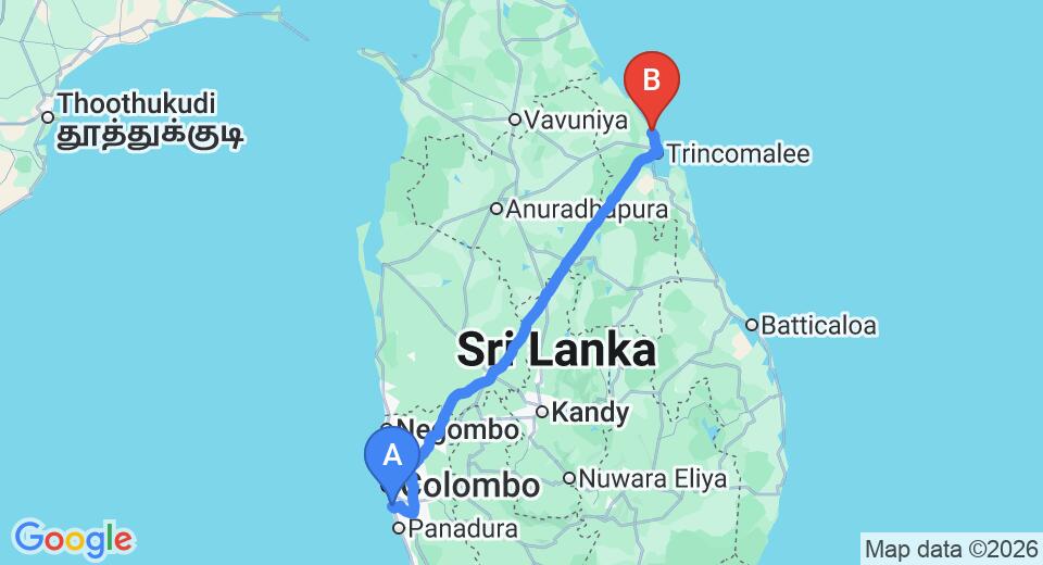 Driving route map: Ratmalana (RML) Airport to Nilaveli (294 km, approx 6 h 2 min private transfer)