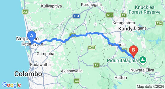 Driving route map: Colombo Airport (CMB) to Ramboda Falls Hotel, Ramboda (137 km, approx 4 h 9 min private transfer)