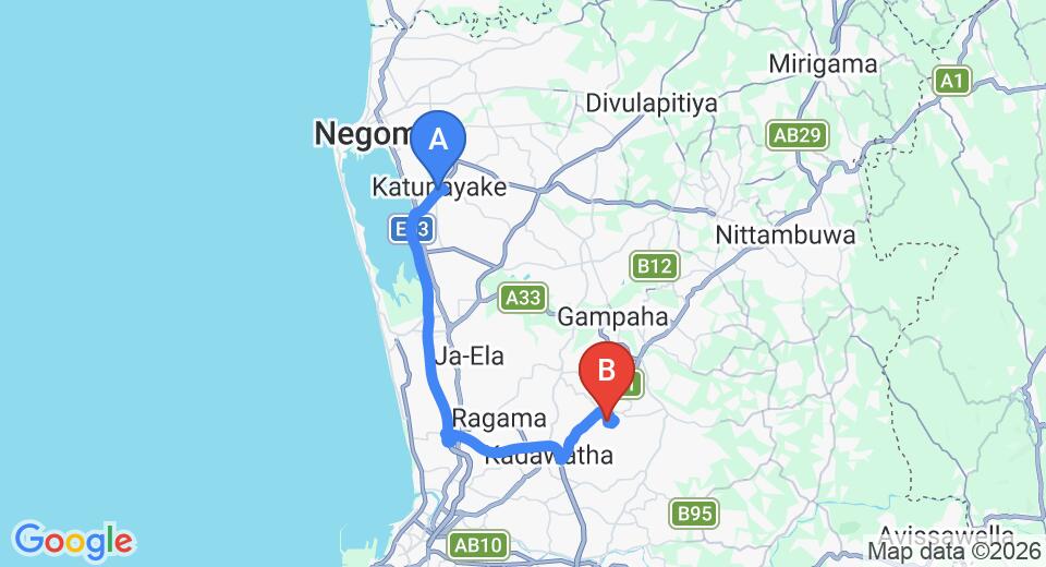 Driving route map: Colombo Airport (CMB) to Weboda (36 km, approx 46 min private transfer)