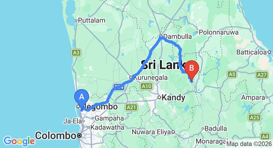 Driving route map: Colombo Airport (CMB) to Wasgamuwa (204 km, approx 4 h 16 min private transfer)