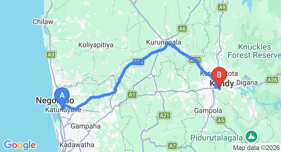 Driving route map: Colombo Airport (CMB) to The Kandyan Villa, Kandy (116 km, approx 2 h 56 min private transfer)