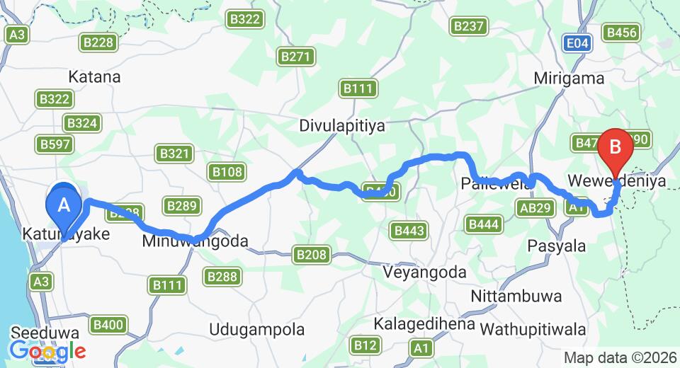 Driving route map: Colombo Airport (CMB) to Weweldeniya (39 km, approx 1 h 10 min private transfer)