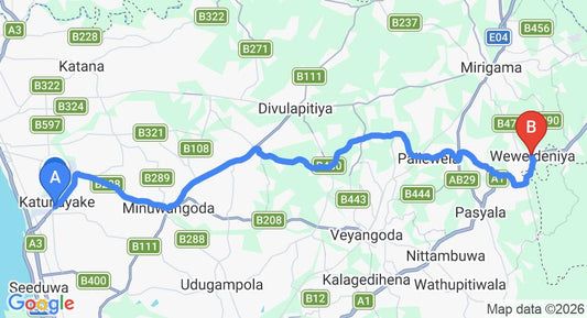 Driving route map: Colombo Airport (CMB) to Weweldeniya (39 km, approx 1 h 10 min private transfer)