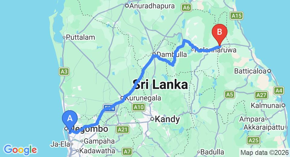 Driving route map: Colombo Airport (CMB) to Welikanda (227 km, approx 4 h 41 min private transfer)