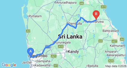 Driving route map: Colombo Airport (CMB) to Welikanda (227 km, approx 4 h 41 min private transfer)