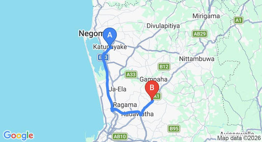 Driving route map: Colombo Airport (CMB) to Silvertrends, Kirillawala (35 km, approx 41 min private transfer)
