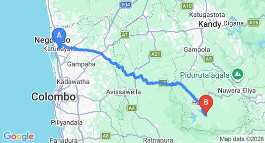 Driving route map: Colombo Airport (CMB) to Norwood (126 km, approx 3 h 57 min private transfer)