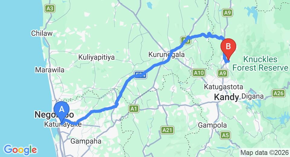 Driving route map: Colombo Airport (CMB) to Spice Garden - Matale, Matale (127 km, approx 3 h 2 min private transfer)
